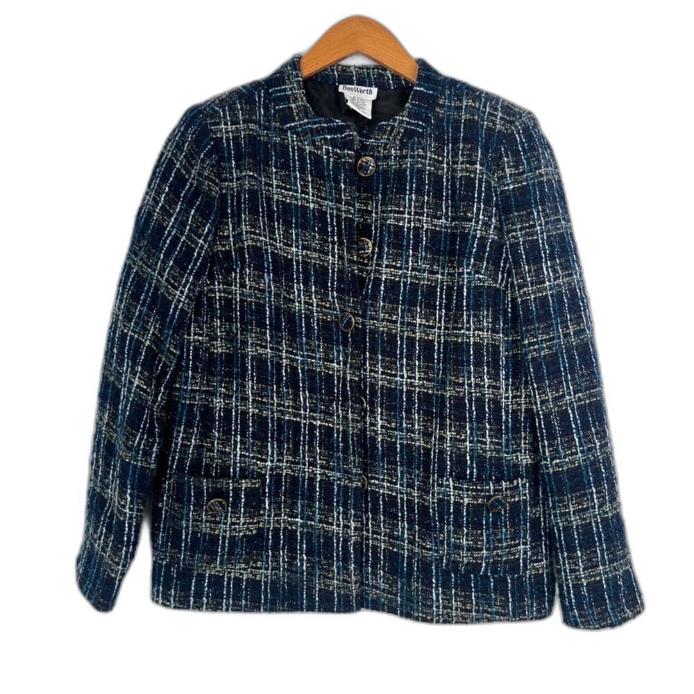 Bonworth Colorful Blue Metallic Thread Tweed Button Front Lined Blazer Size XS/M